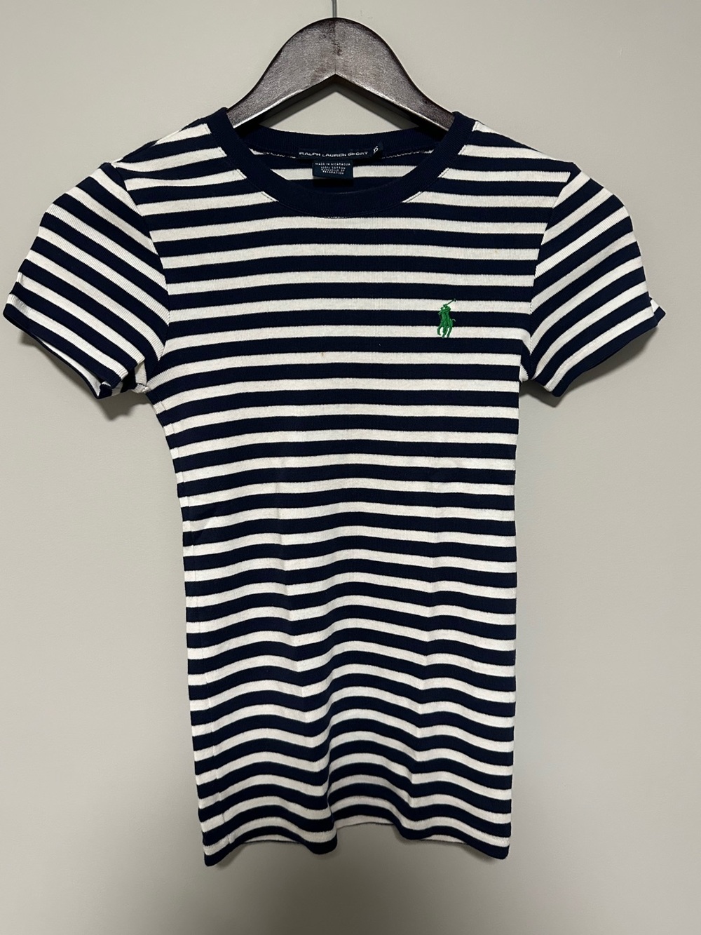 Ralph Lauren Navy & White Striped Short Sleeve Tee with Green Polo Logo